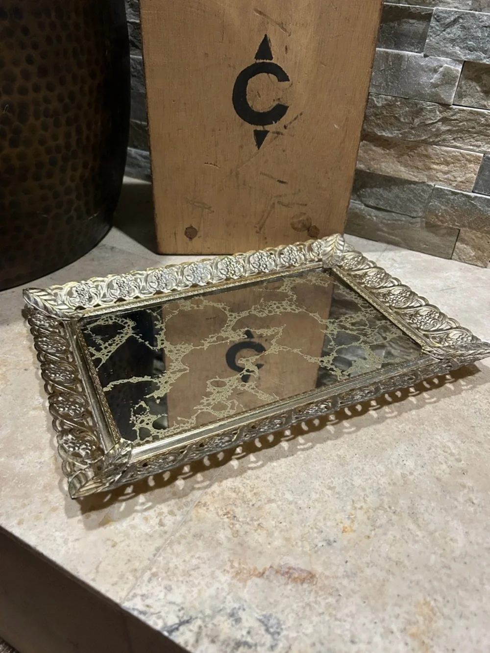 Ornate Vintage Hollywood Regency Gold Filigree Mirrored Vanity Tray